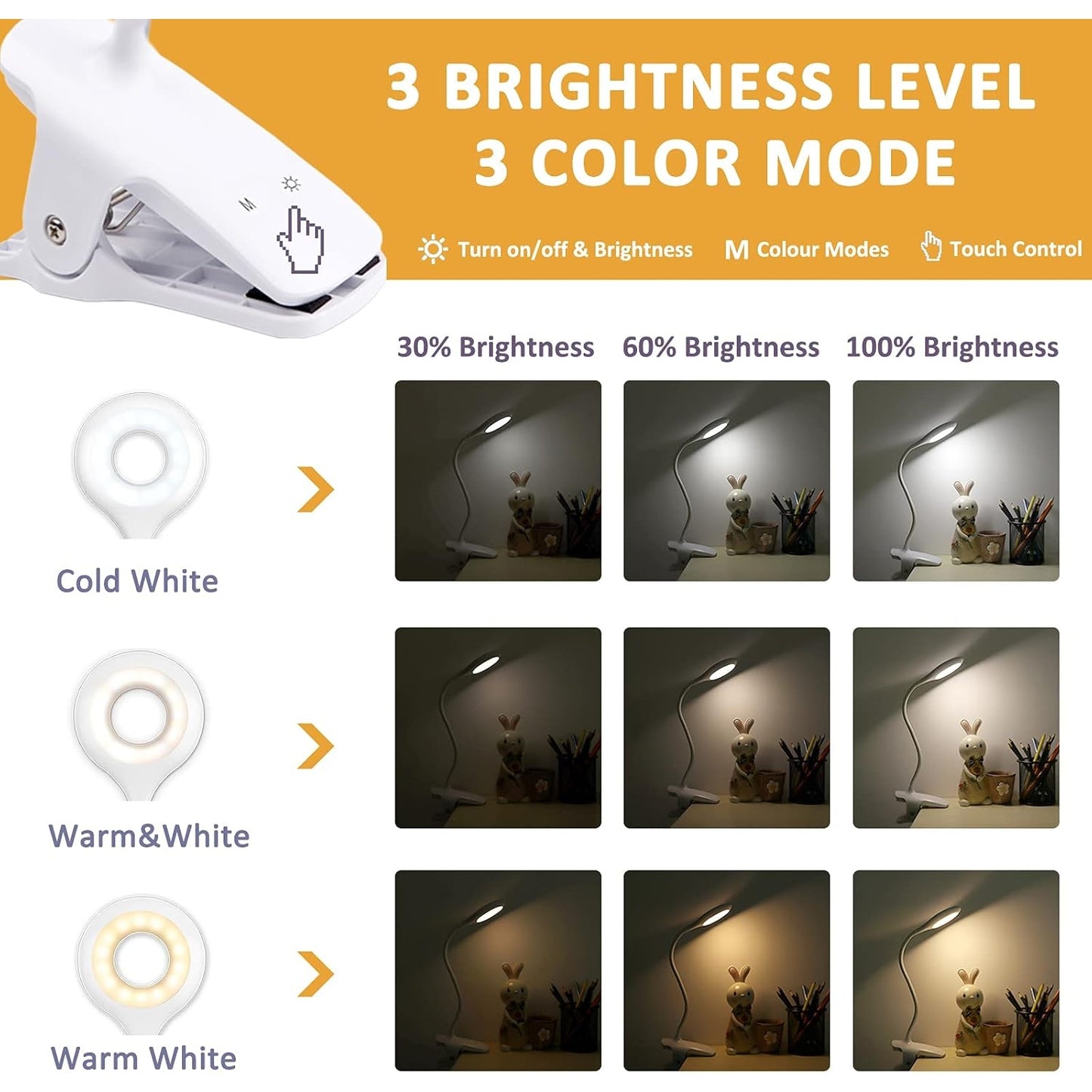 Akynite - 3W Rechargeable LED Clamp Desk Lamp Flexible