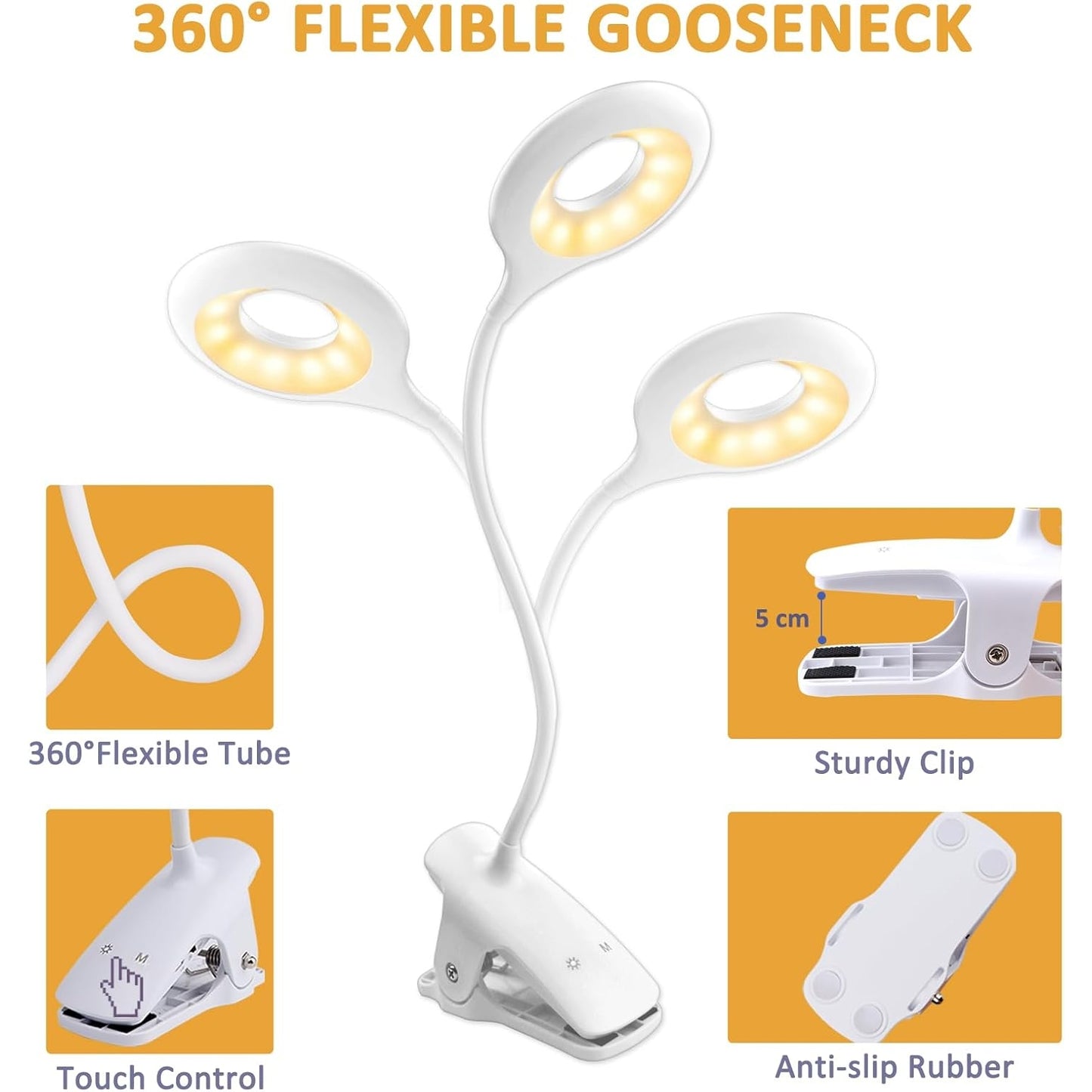 Akynite - 3W Rechargeable LED Clamp Desk Lamp Flexible