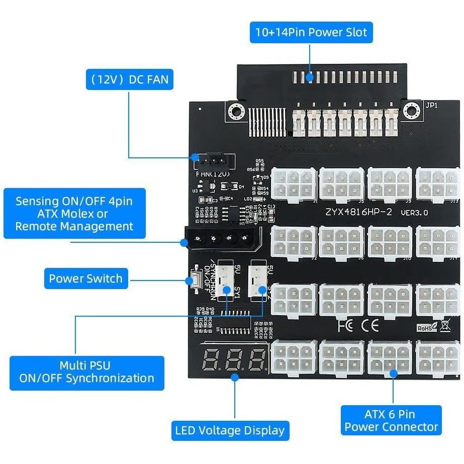 Cablecc - 14+10 Pin Flex Slot Server Power Board to 16 x 6 Pin Power Supply Board for CHIA ETH BTC Mining Miner