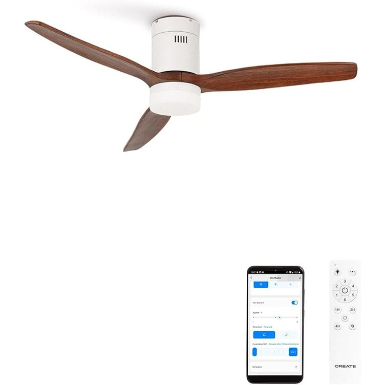 CREATE - Windcalm DC Ceiling Fan White Dark Wood Wings with Light Silent Dimmable Light Timer WiFi Power 40W Diameter 132 cm (With Light)