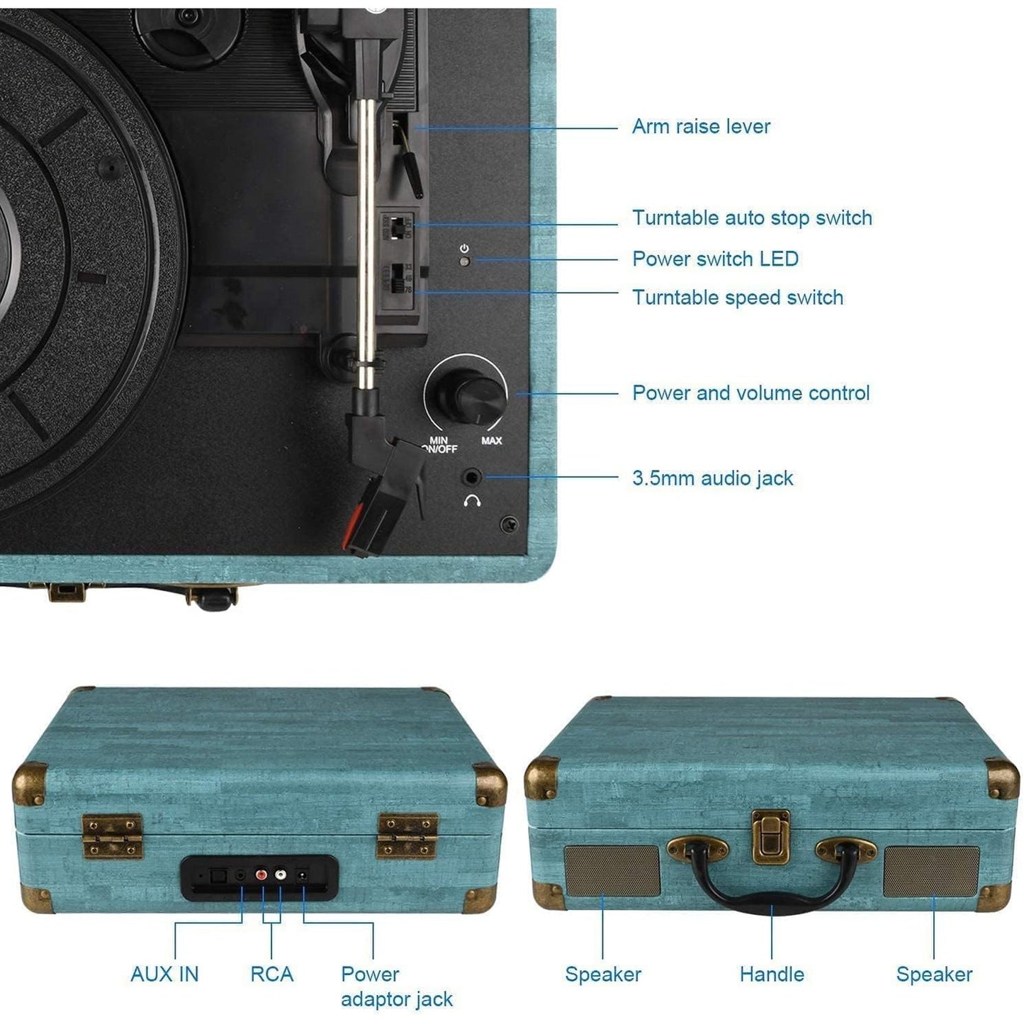 Suitcase - Vintage 3-Speed Bluetooth Vinyl Record Player with Built-in Speakers