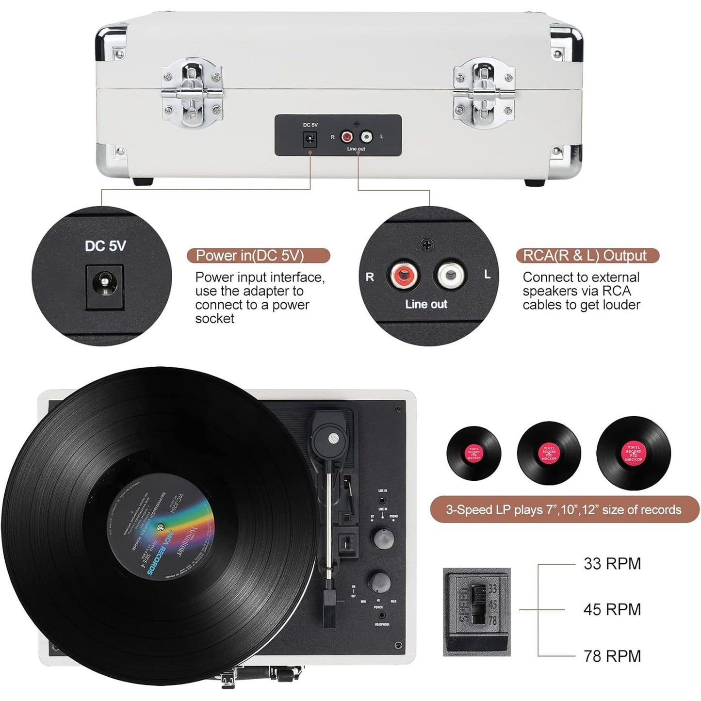 Suitcase - Vintage 3-Speed Bluetooth Vinyl Record Player with Built-in Speakers
