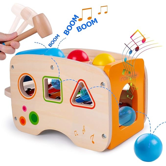 Rolimate - 4-in-1 Wooden Educational Toy – Hammering, Xylophone and Shape Sorter (Classic)