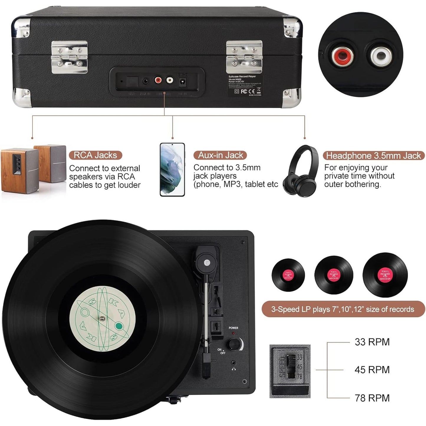 Suitcase - Vintage 3-Speed Bluetooth Vinyl Record Player with Built-in Speakers