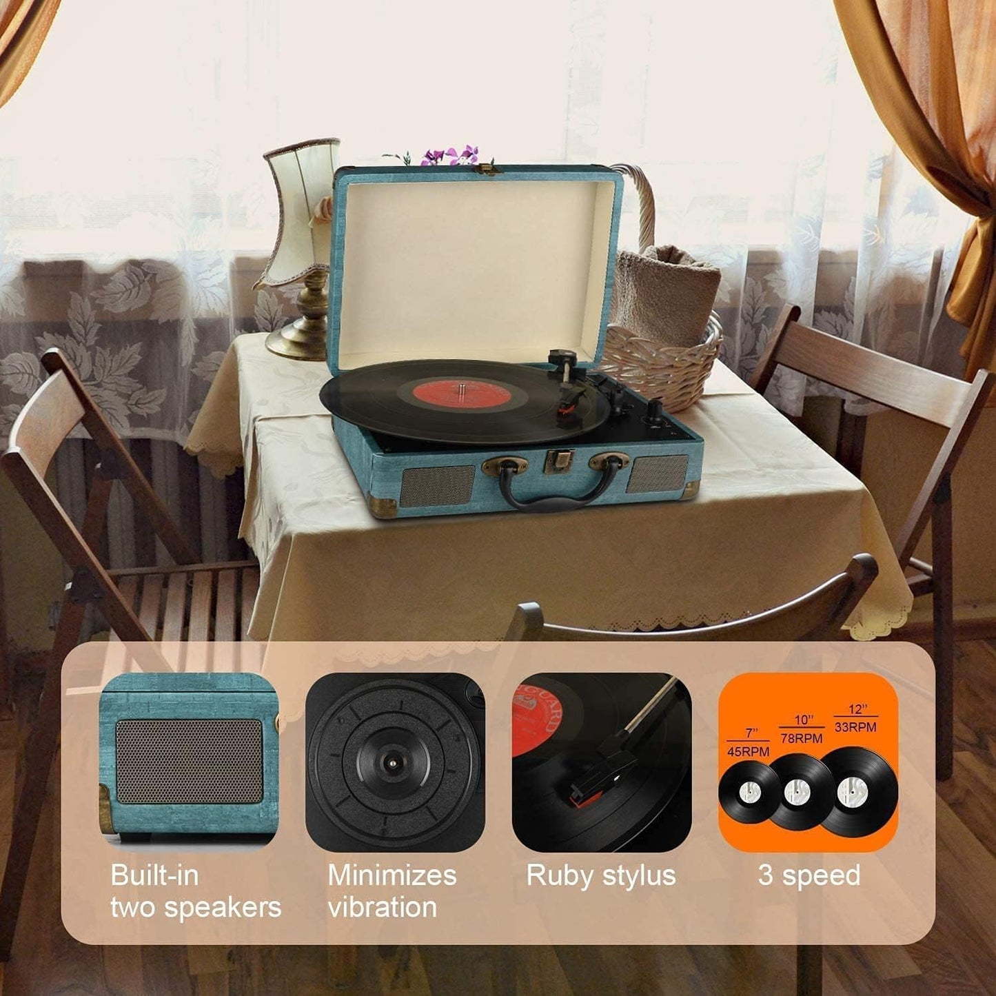 Suitcase - Vintage 3-Speed Bluetooth Vinyl Record Player with Built-in Speakers