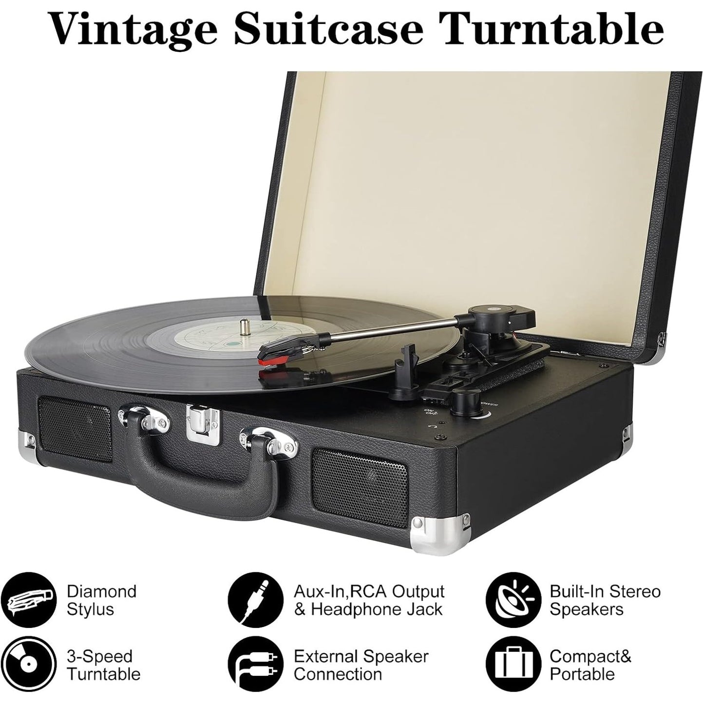 Suitcase - Vintage 3-Speed Bluetooth Vinyl Record Player with Built-in Speakers