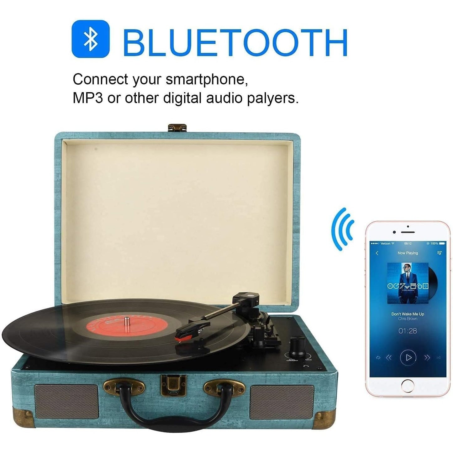 Suitcase - Vintage 3-Speed Bluetooth Vinyl Record Player with Built-in Speakers