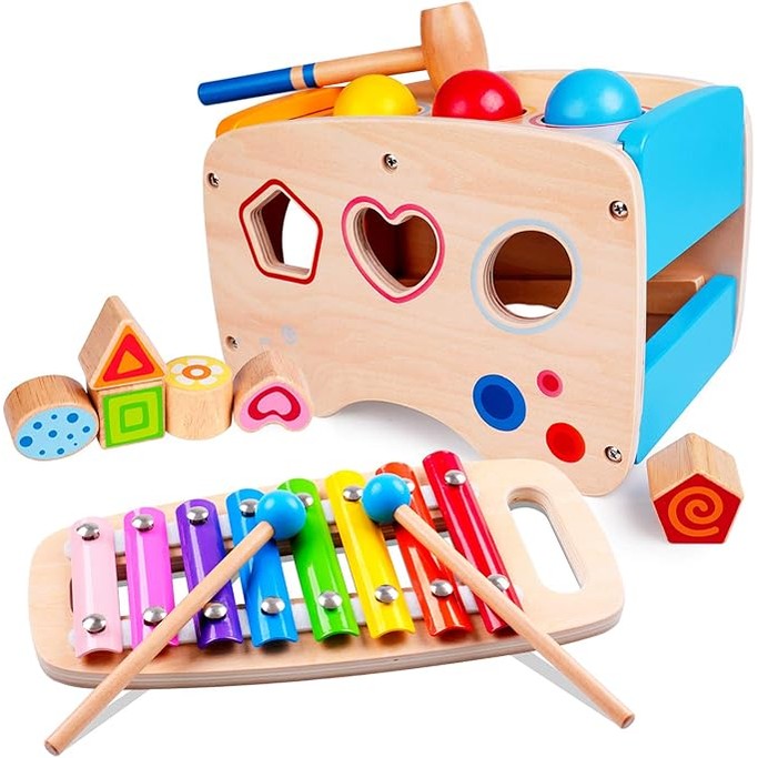 Rolimate - 4-in-1 Wooden Educational Toy – Hammering, Xylophone and Shape Sorter (Classic)