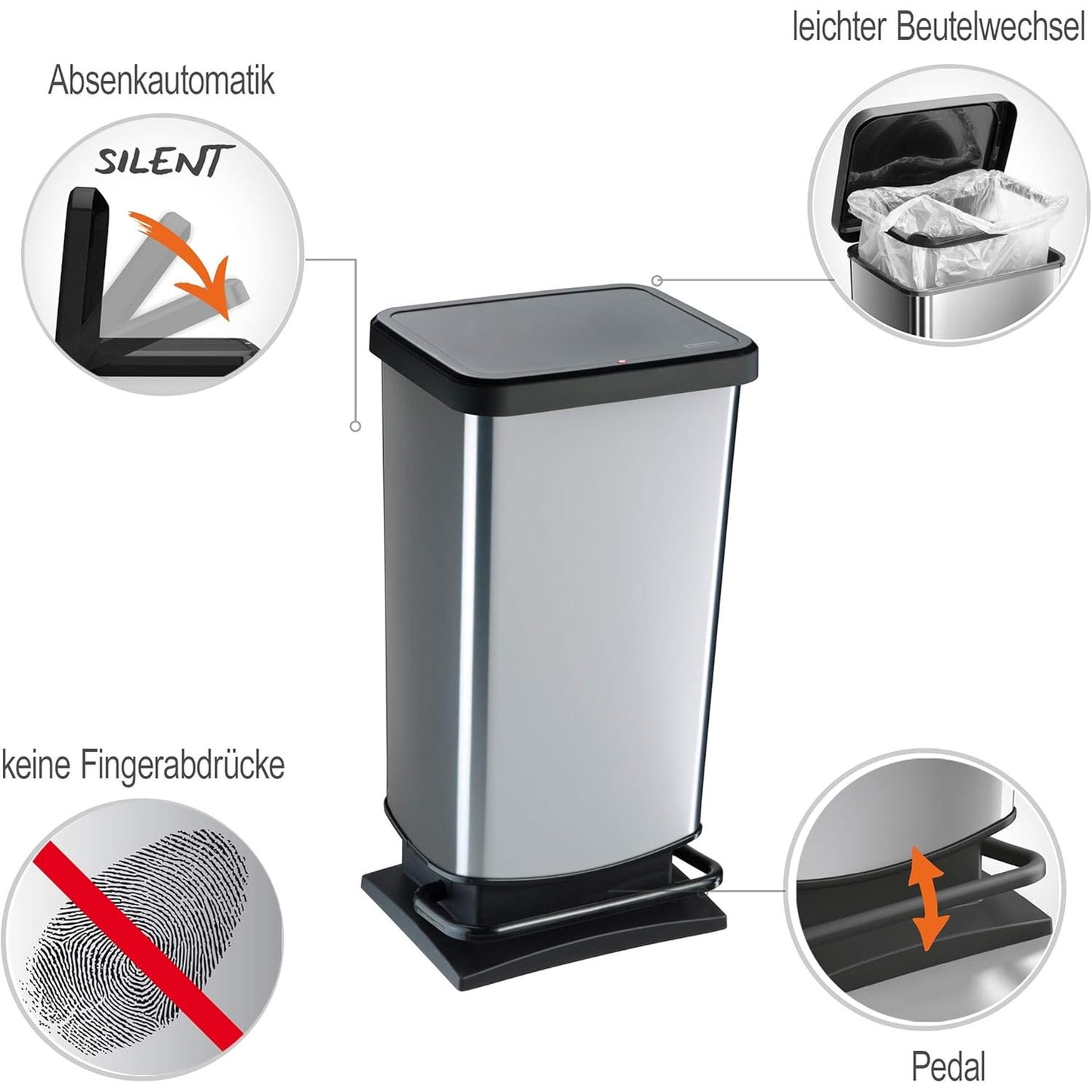 ROTHO - Paso Rubbish Bin 40 L with Pedal and Lid, Plastic (PP) BPA-Free, Carbon Metallic, 40 L (35.3 x 29.5 x 67.6 cm)