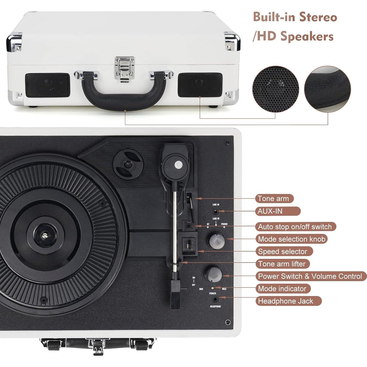Suitcase - Vintage 3-Speed Bluetooth Vinyl Record Player with Built-in Speakers