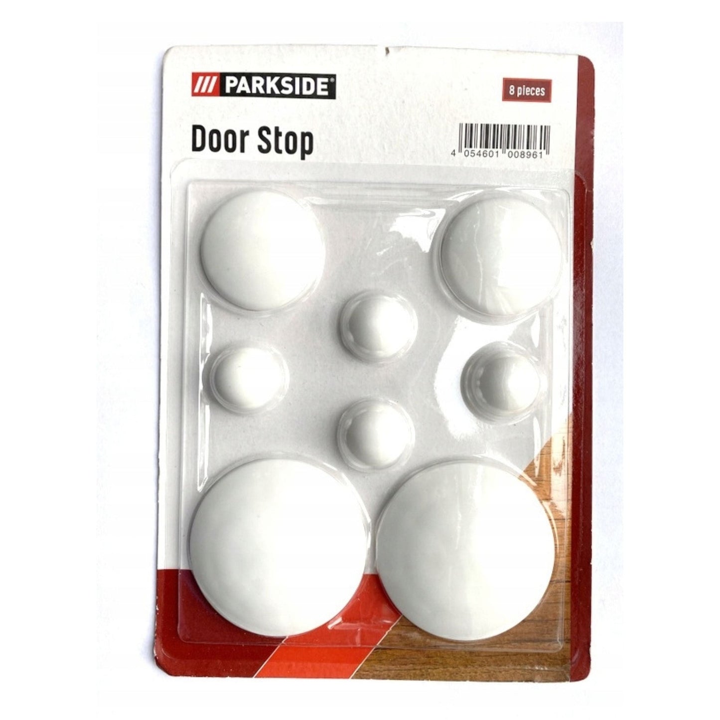 A set of 8 round white door stoppers from Parkside, including various sizes for versatile use.