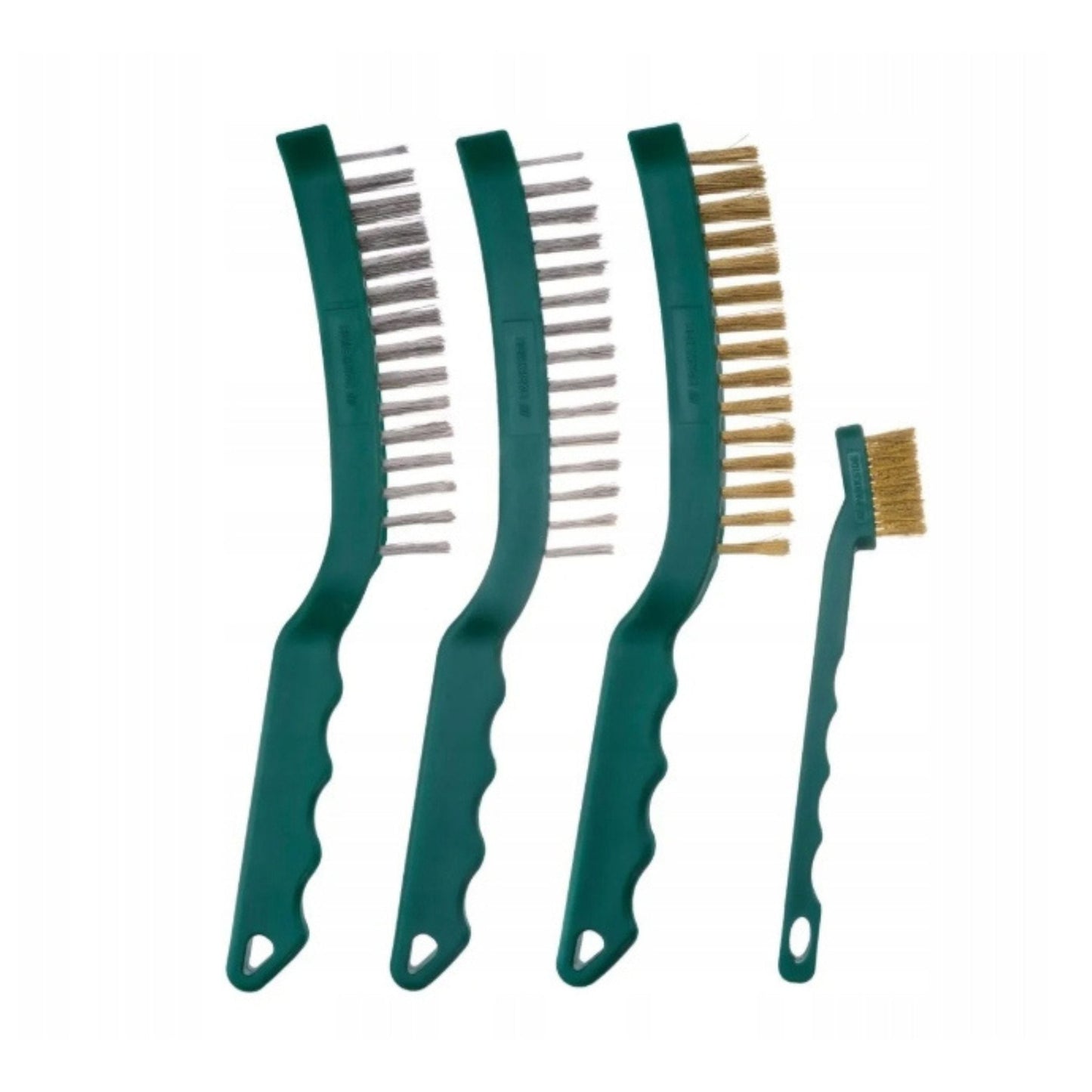 Parkside 4-piece wire brush set with green handles, including 3-row, 4-row, 5-row, and spark plug brushes