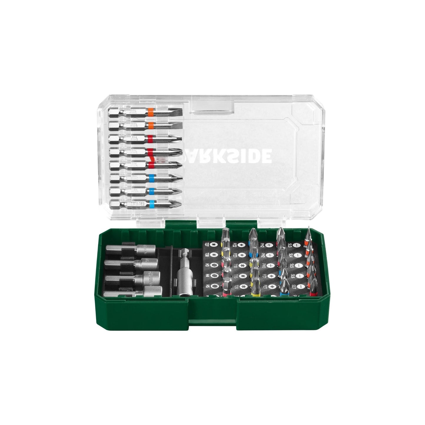Parkside 37-piece screwdriver bit set with various sizes, color-coded bits, and a storage case