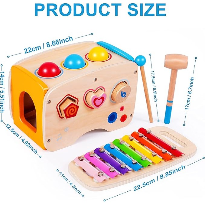 Rolimate - 4-in-1 Wooden Educational Toy – Hammering, Xylophone and Shape Sorter (Classic)