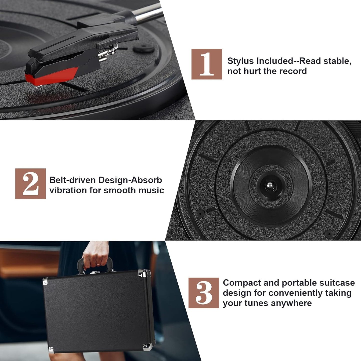Suitcase - Vintage 3-Speed Bluetooth Vinyl Record Player with Built-in Speakers