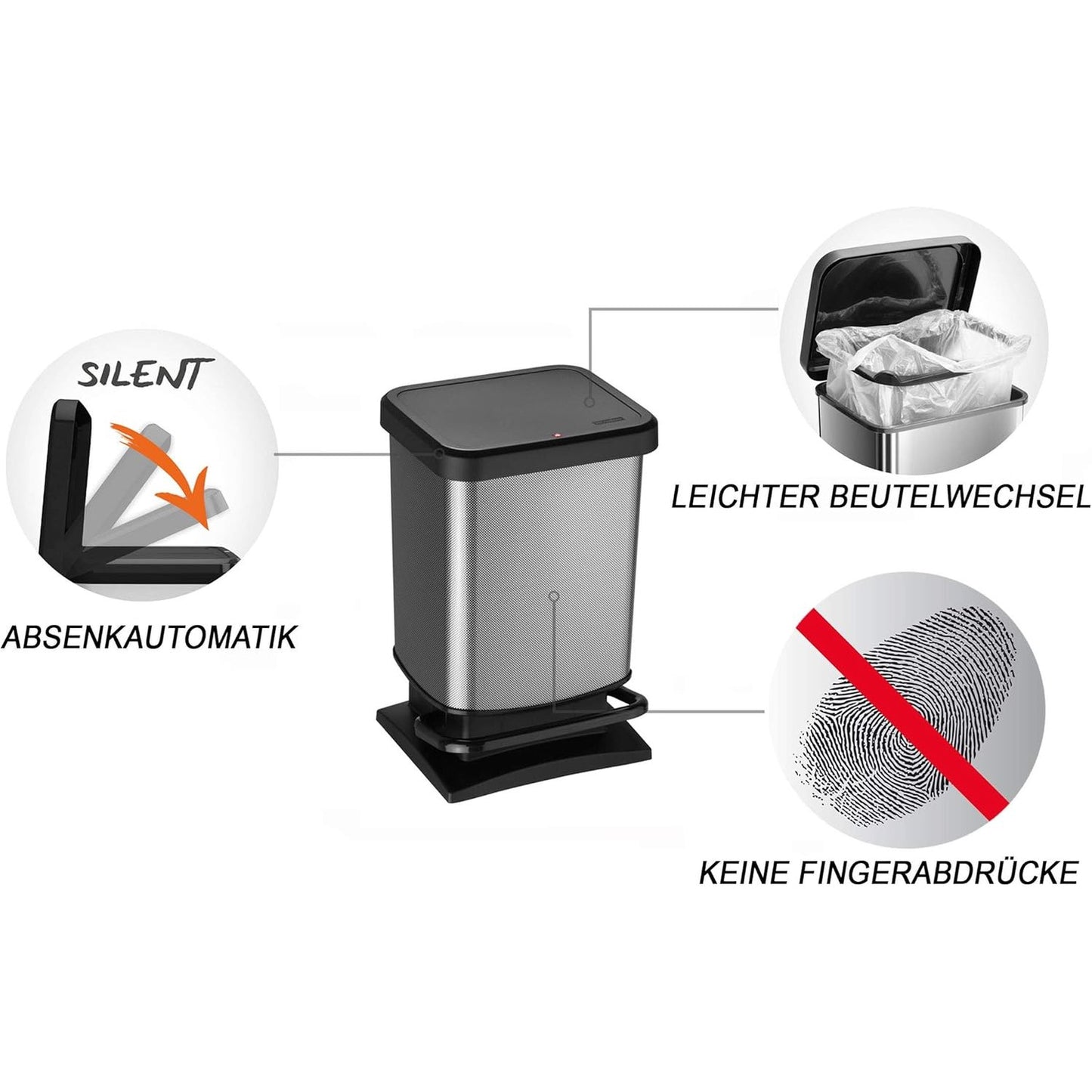 ROTHO - Waste bin 20l with pedal and lid, Plastic (PP) BPA-free, carbon metallic, 20l (29,3 x 26,6 x 45,7 cm)