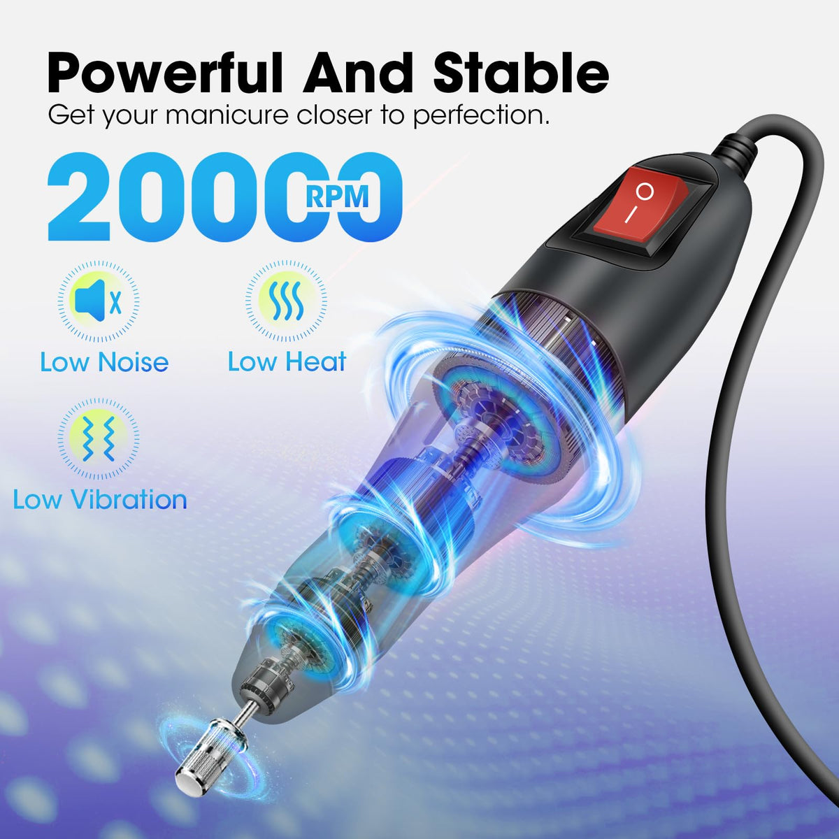 Electric Nail Drill Machine, TERRIFI Low Noise Low Vibration Professional Nail File Machine up to 20000 RPM for Acrylic, Gel Nail Remover, Manicure Pedicure Kit with 156pcs Accessories