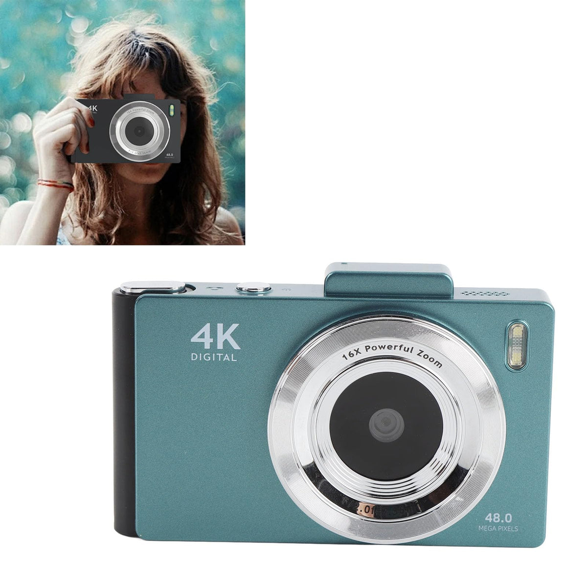 4K Digital Camera, 48MP UHD 2.8 Inch Screen Digital Zoom 16x Front and Rear Camera with Auto Focus, with LED Flash, for Travel Photography (Green)