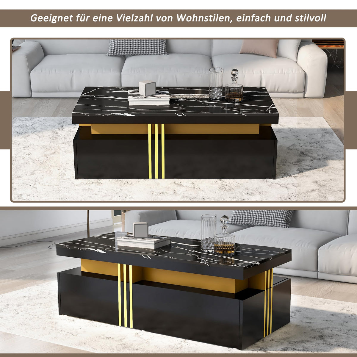 REXO Modern Marble Table with Glossy Top for Living Room (Black, 100 x 50 x 40 cm)