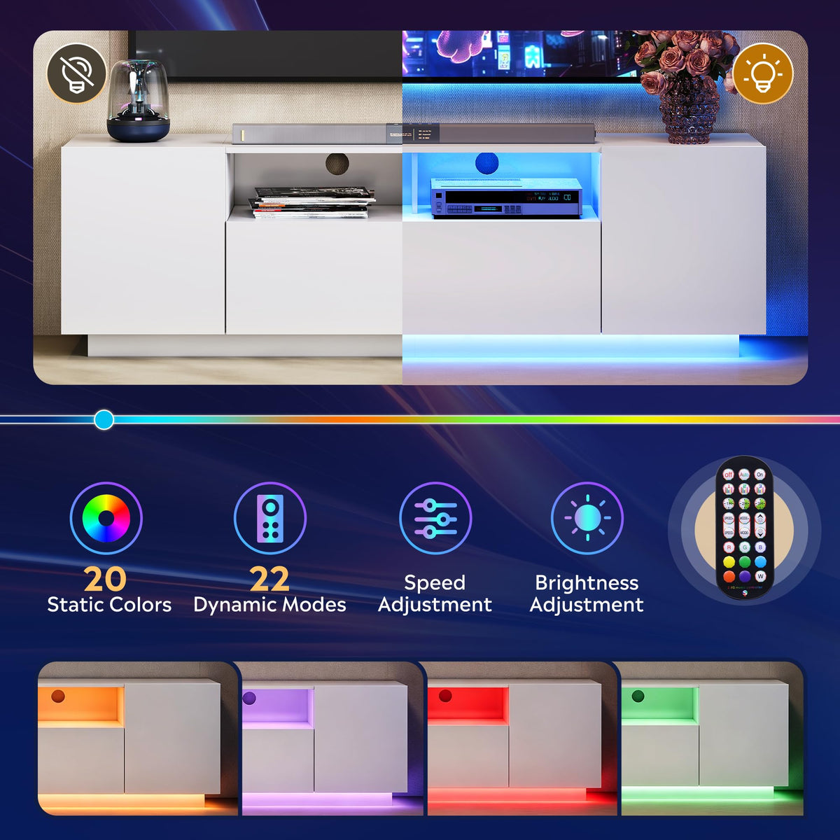 WLIVE LED TV Stand for 55/60/65 Inch TVs, Modern Entertainment Center with Storage Cabinets and Drawer, Gaming Media TV Console with RGB Lights for Living Room,Bedroom, White