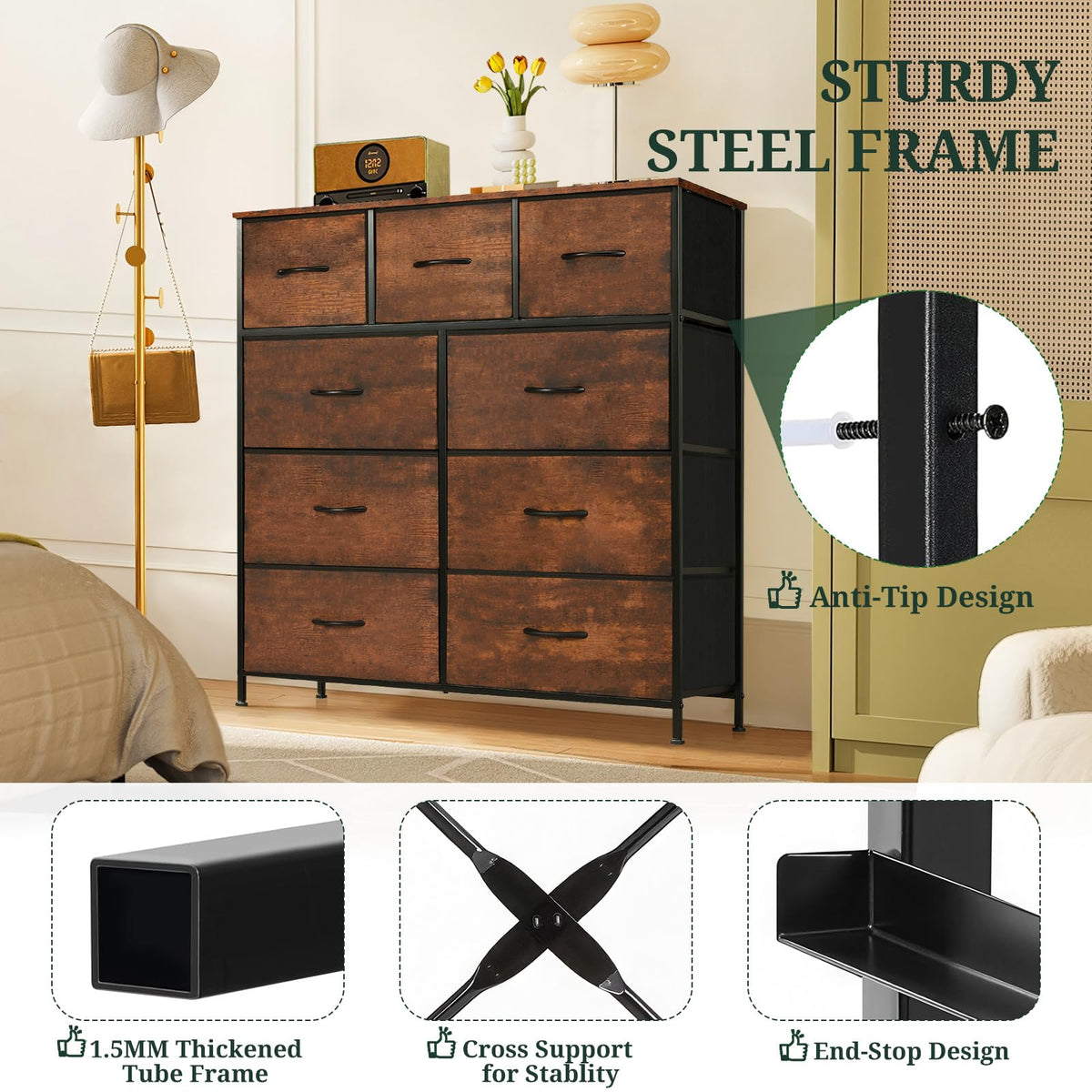 9-Drawer Dresser for Bedroom, Anti-Tip Tall Storage Organizer