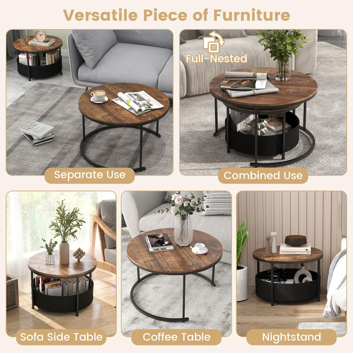 COSTWAY Round Nesting Coffee Tables Set of 2, Stackable Sofa Side Table with Metal Frame & Fabric Storage Basket, Modern Accent Snack Tea End Table for Living Room Bedroom (Rustic Brown + Black)