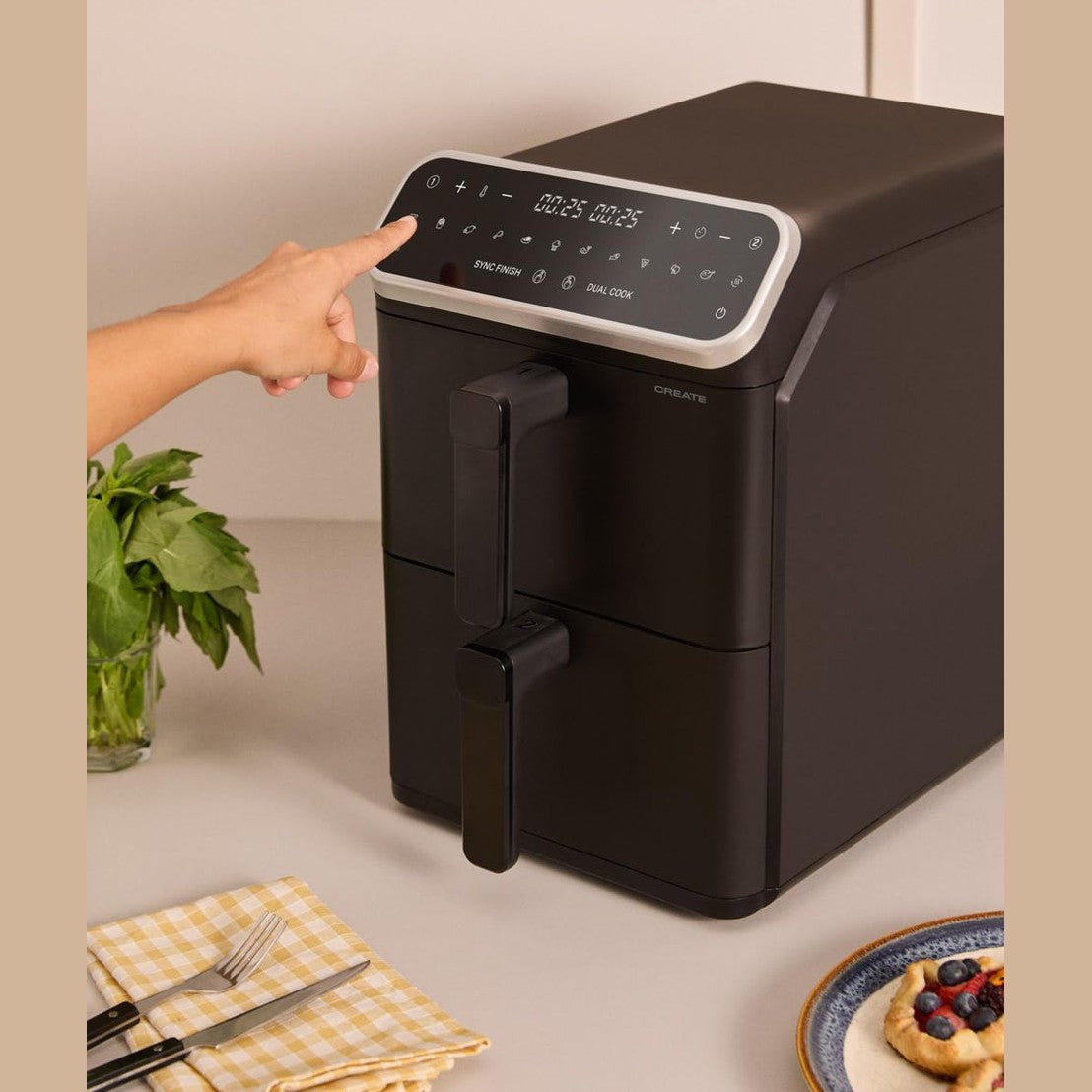 CREATE Air Fryer Dual Stack Air Fryer with Double Height and Independent Control 11.2L Black/Capacity 9-10 Servings, 10 Programmes, Dual Cook, Touch Panel, 2600-3000W
