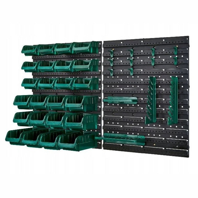 Wall-mounted tool organizer with 43 modular bins for workshop storage