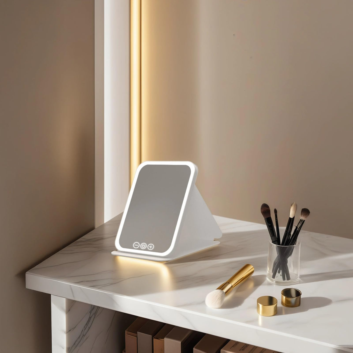 Travel-Friendly Makeup Mirror with Led Light, Foldable, Touch-Control & Type-C Rechargeable