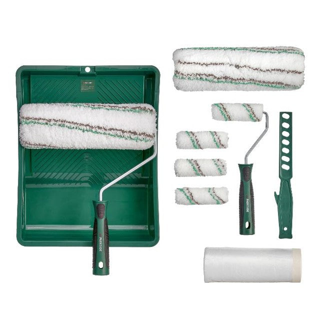 PARKSIDE® painting set with a paint roller, paint tray, extension pole, and grid frame for professional painting results.