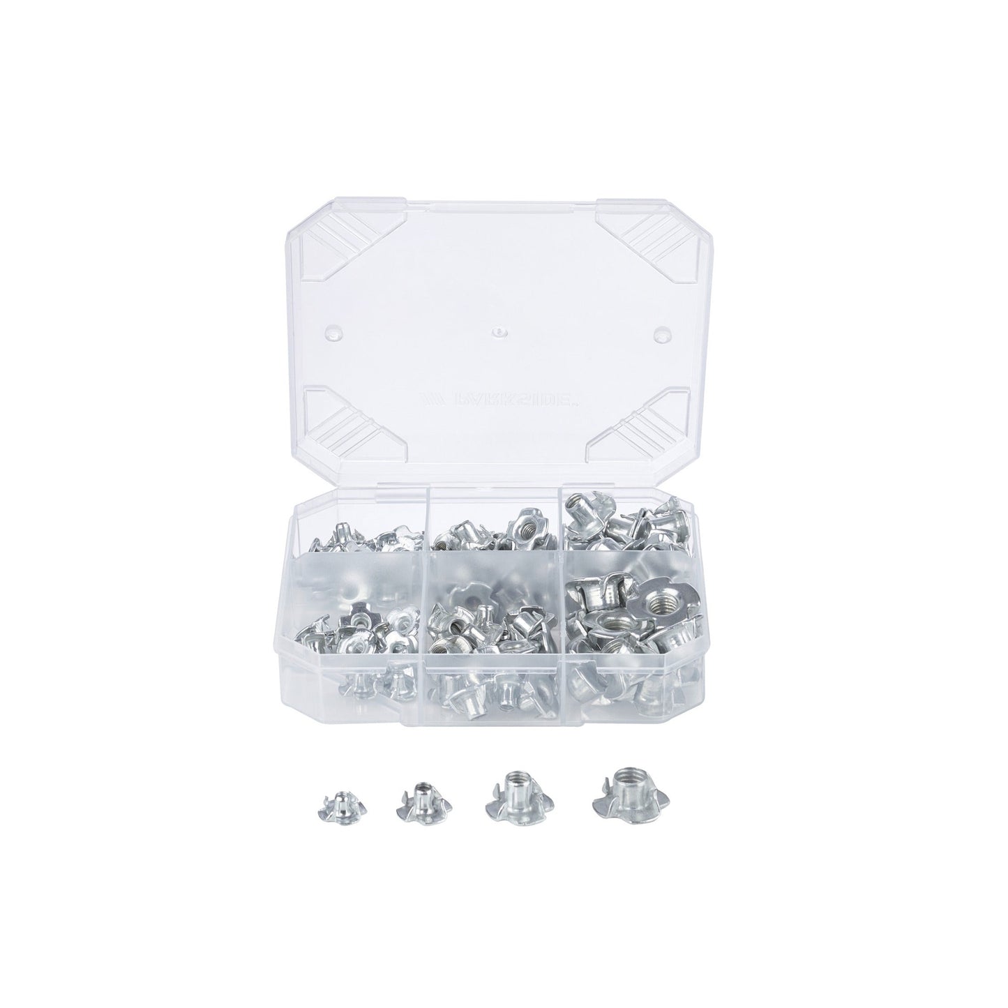A variety of metal screws and nuts neatly organized in a storage case
