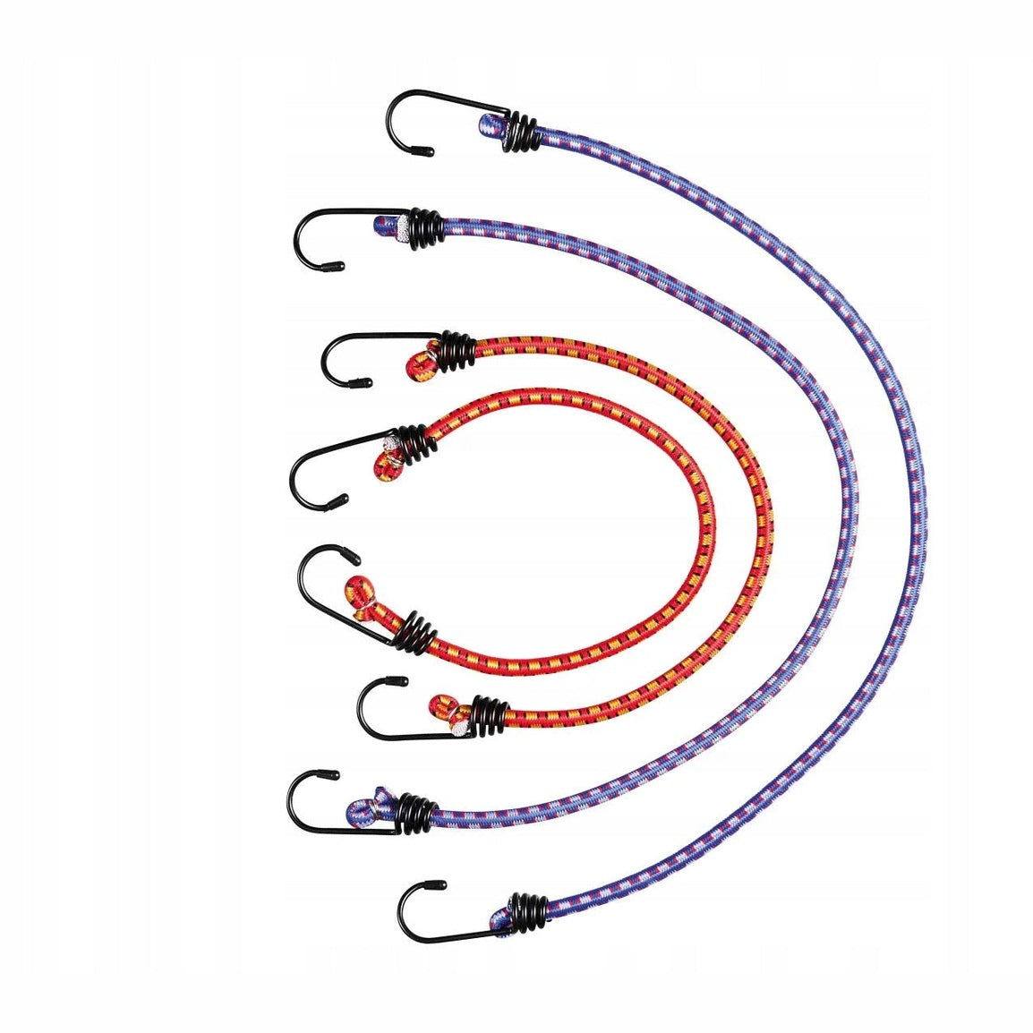 Elastic bungee cords with hook ends, color-coded for easy identification