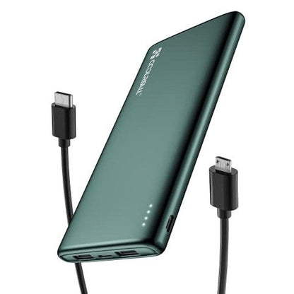 Coolreall 10000 mAh Power Bank in elegant BRG green, slim design with USB-C and USB-A ports