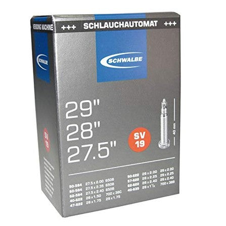 Schwalbe SV 19 Tube in silver color, suitable for 27.5/28/29 inch mountain bikes, showcasing its durable design.