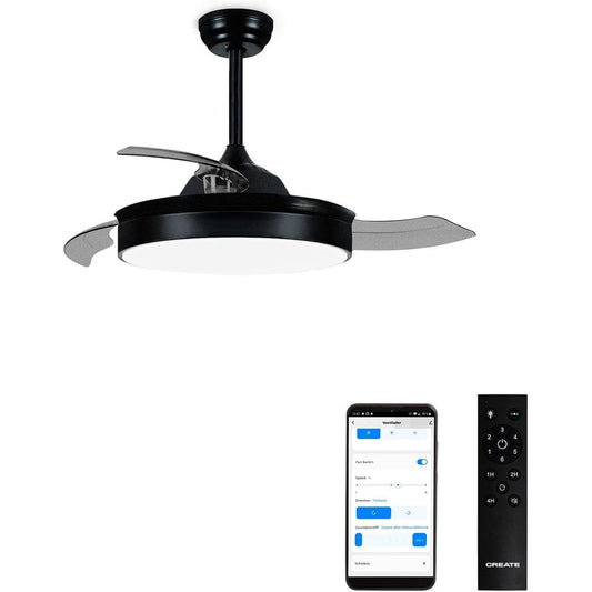CREATE - Wind Clear Ceiling Fan, Black, with Light, Remote Control and WiFi, 40 W, Diameter 108 cm, Timer, 6 Speeds, Retractable Blades
