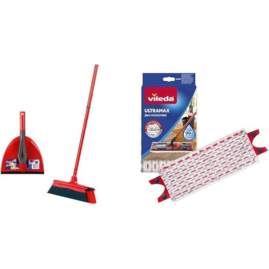 Vileda - DuActiva Broom with 3-Piece Handle and 2-in-1 Sweeping Set & UltraMax Floor Mop Replacement Cover, Pack of 1, for All Vileda Flat Mop Systems, Removes Over 99 Percent of Bacteria