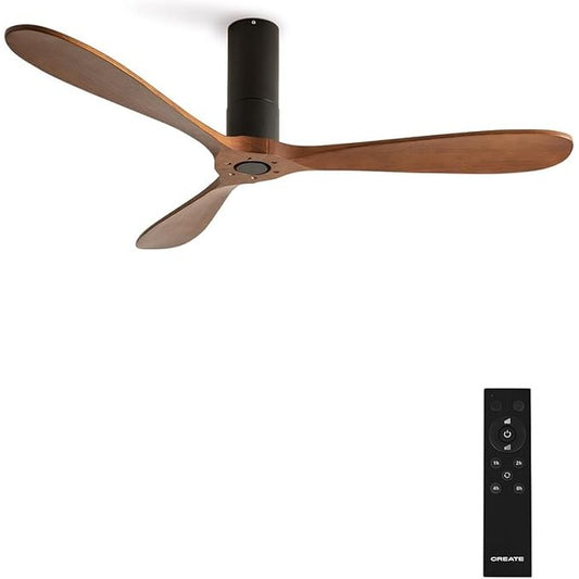 CREATE - Windtube Ceiling Fan Black Dark Wood Wings with Remote Control 40 W Quiet Diameter 132 cm 6 Speeds Timer DC Motor Summer Winter Operation