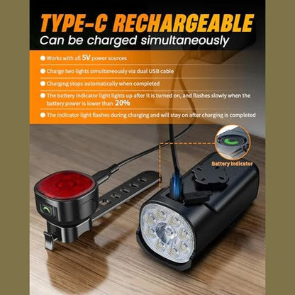 Victoper Bike Lights - Front And Back, 10000 Lumen, Super Bright