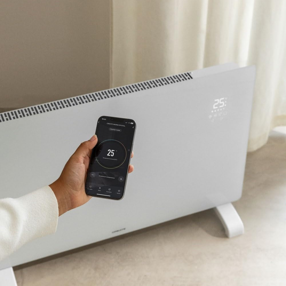 Create - WARM CRYSTAL 2000W – Black Electric Glass Convector with WiFi, LED Touch Screen, and 2 Power Levels
