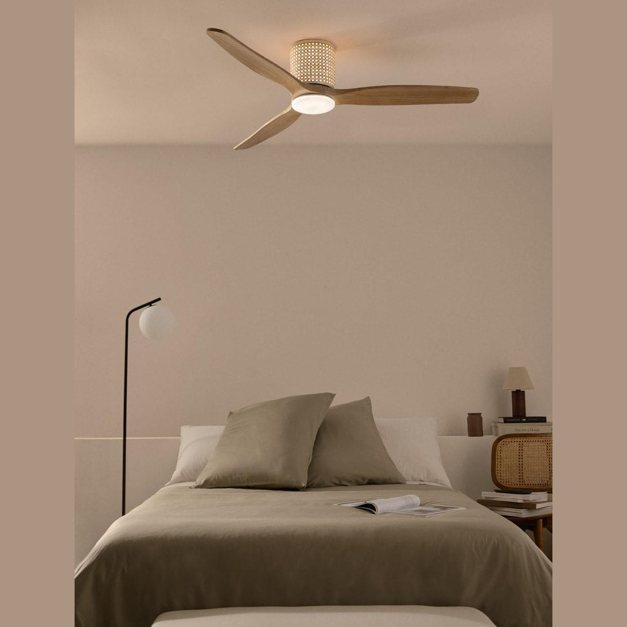 CREATE WindCalm Rattan Ceiling Fan with natural wood light and remote control