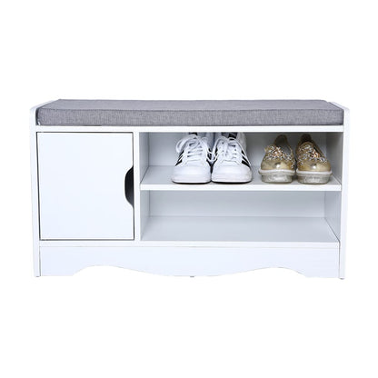 Heute shoe storage bench with padded seat cushion, modern white finish