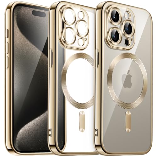 JETech Magnetic Case for iPhone 15 Pro Max in gold, showcasing its clear TPU design and camera protection features