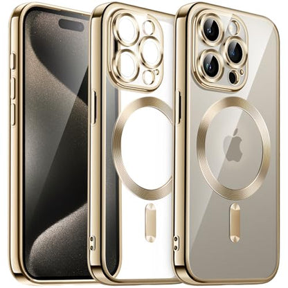 JETech Magnetic Case for iPhone 15 Pro Max in gold, showcasing its clear TPU design and camera protection features