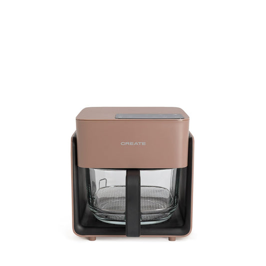 CREATE 4.2L Mist Oil-Free Hot Air Fryer with Mocha Water Steamer, featuring a glass container and touch screen display
