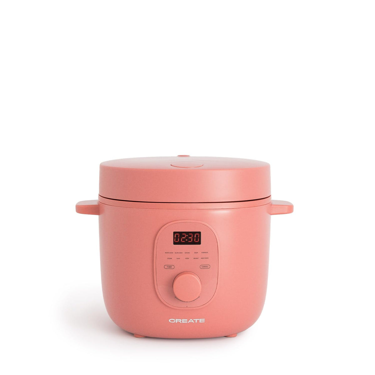 CREATE Electric Rice Cooker with 2L capacity, terracotta color, and programmable features