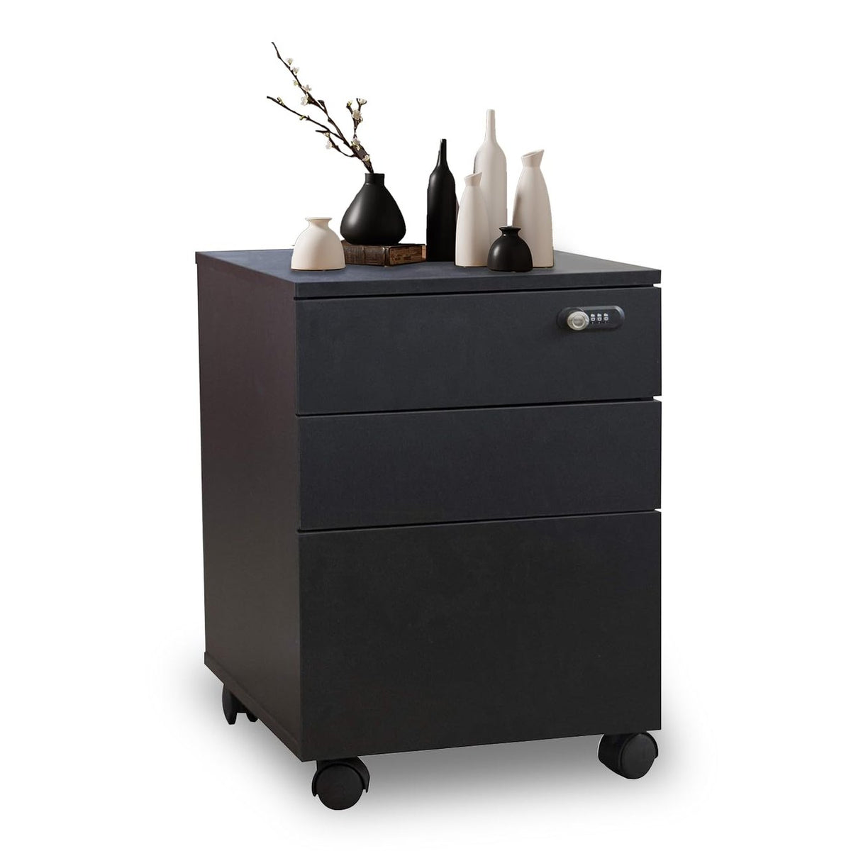 Stylish black Happy Home 3 drawer wooden document cabinet with lock for office documents