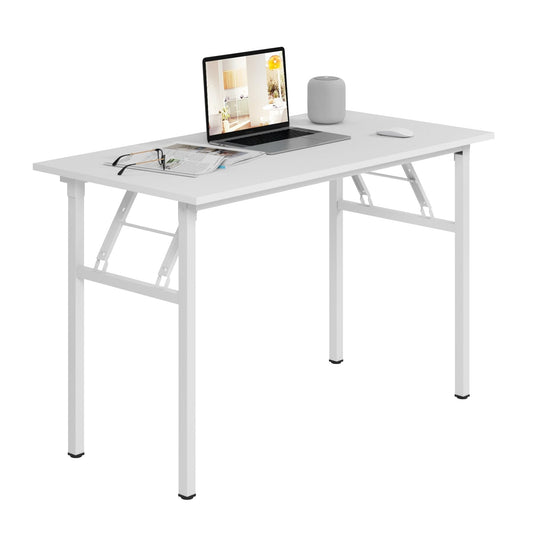 Modern white folding desk with particle wood chipboard top and powder-coated steel legs