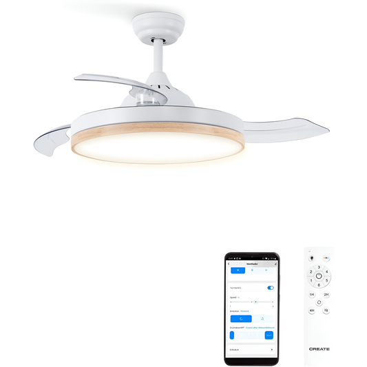 CREATE - Wind Clear Ceiling Fan, Natural Wood Colour with Light, Remote Control and WiFi, 40 W, Diameter 108 cm, Timer, 6 Speeds,
