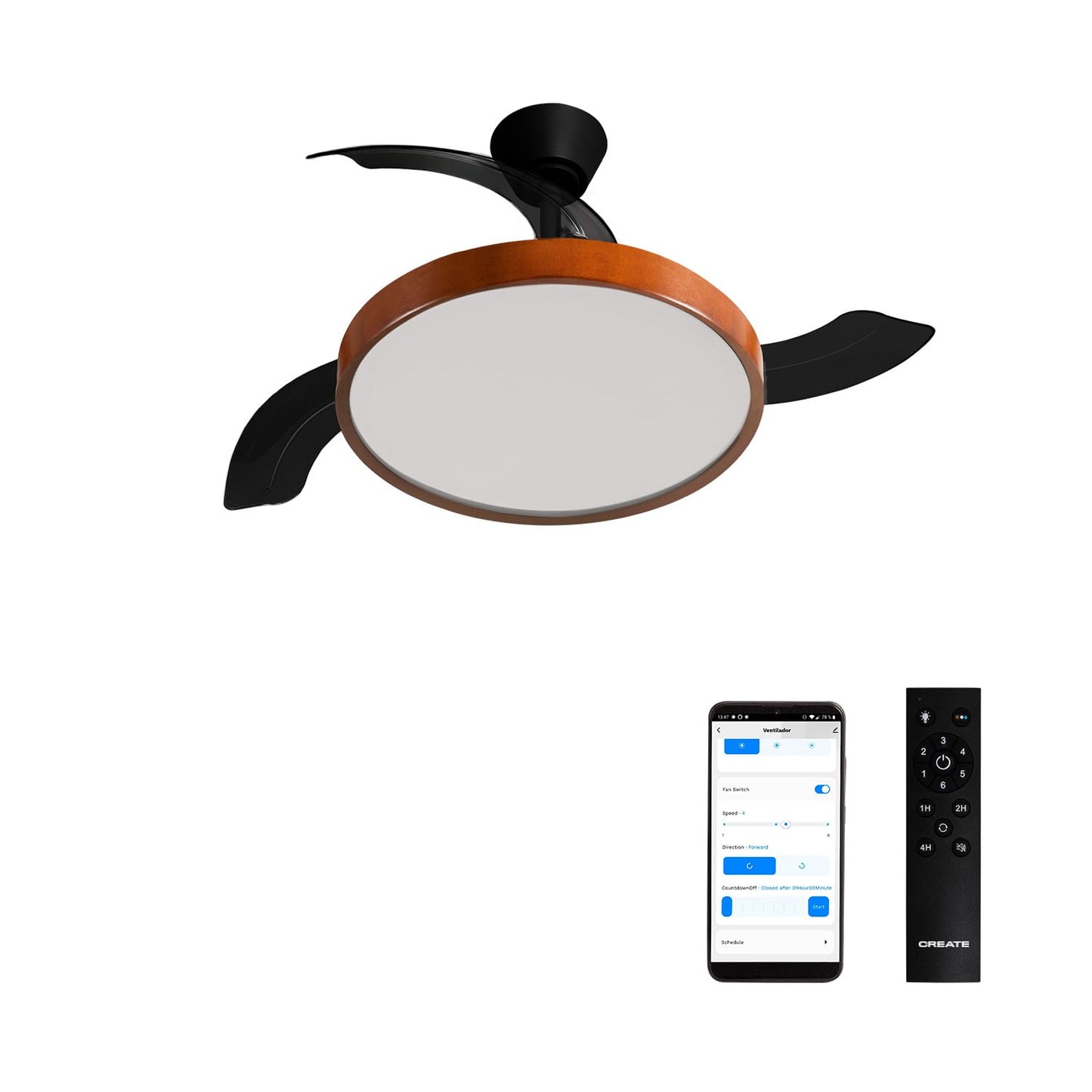 CREATE Ceiling Fan with black light and dark wood, featuring wifi and remote control