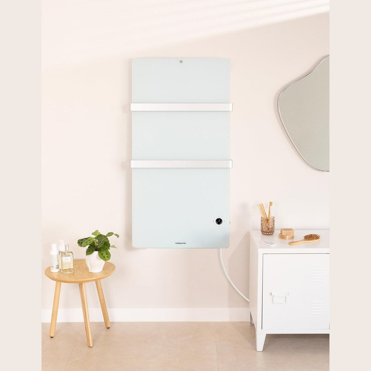 Create - Warm Towel Crystal/Electric Bathroom Radiator White 1 cm Glass with Remote Control / 110 x 1.3 x 55 cm, 600 W